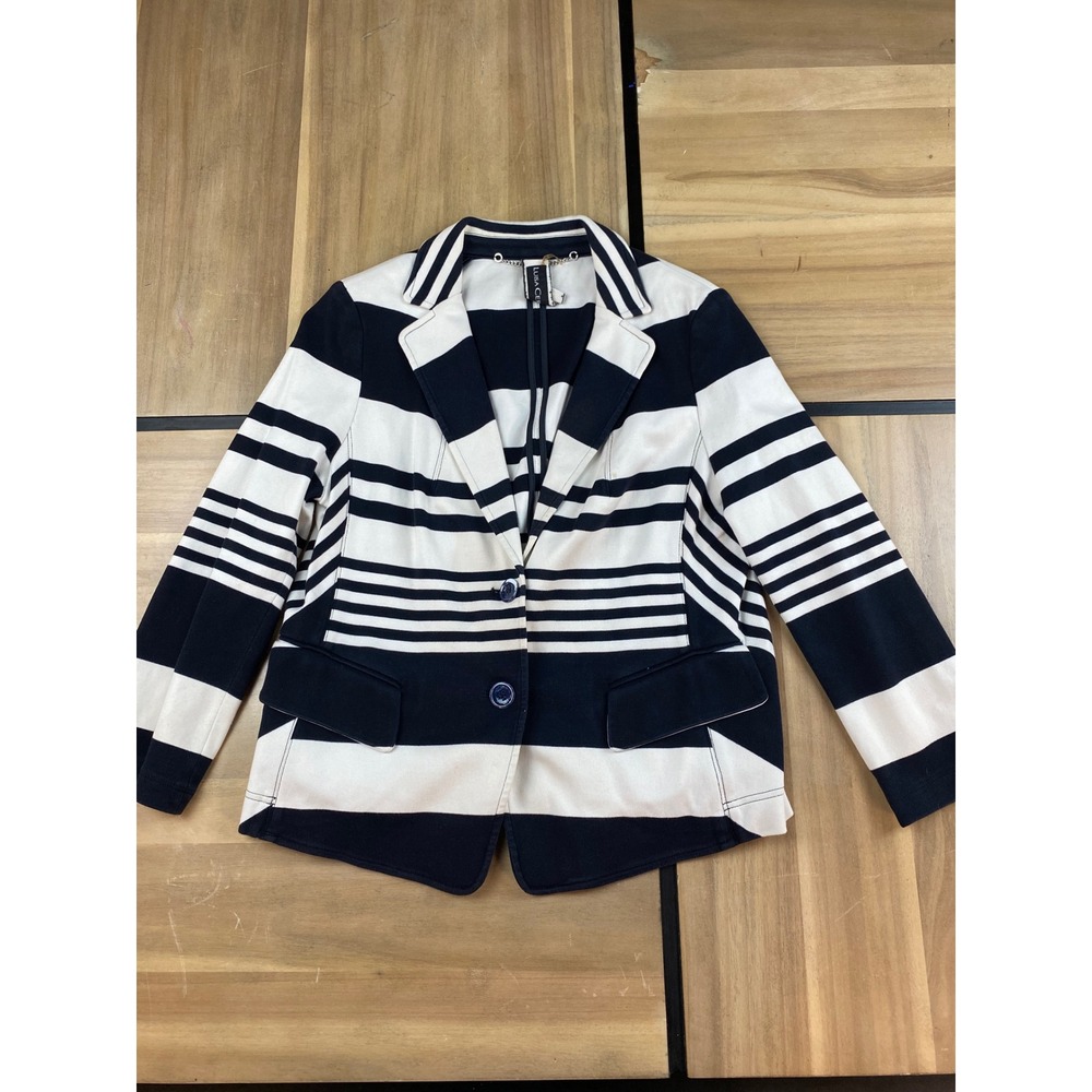 Luisa Cerano Striped Blazer Jacket Women Navy White Button‎ Front Casual Chic